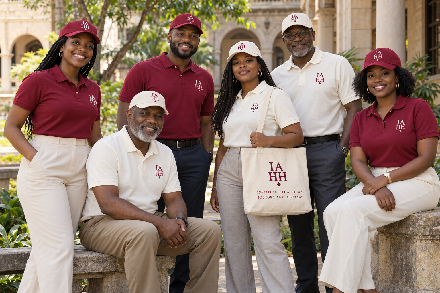 Illustrative merchandise campaign showing adults wearing crimson and ivory institute polos and hats